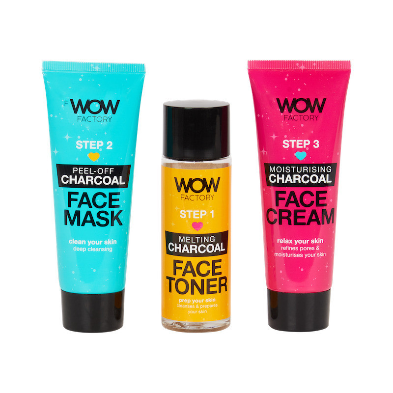 Wow factory - kit de nettoyage visage au charbon de bois  3-en-1 ( 3 x 75 ml)