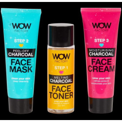 Wow factory - kit de nettoyage visage au charbon de bois  3-en-1 ( 3 x 75 ml)